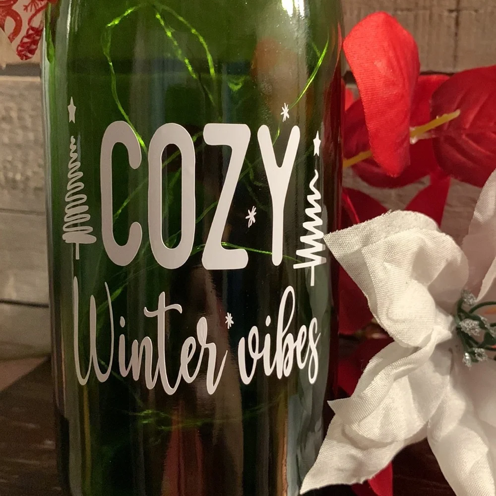 Hand Crafted- ‘Cozy Winter Vibes’ green wine bottle lantern